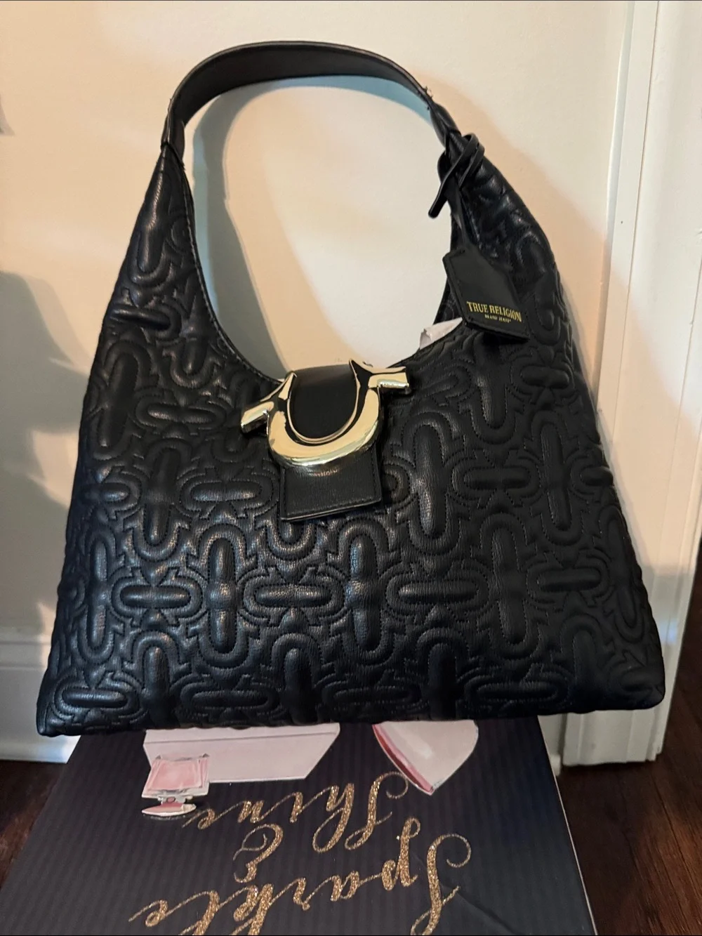 True Religion Black Quilted Shoulder Bag with Gold Accent